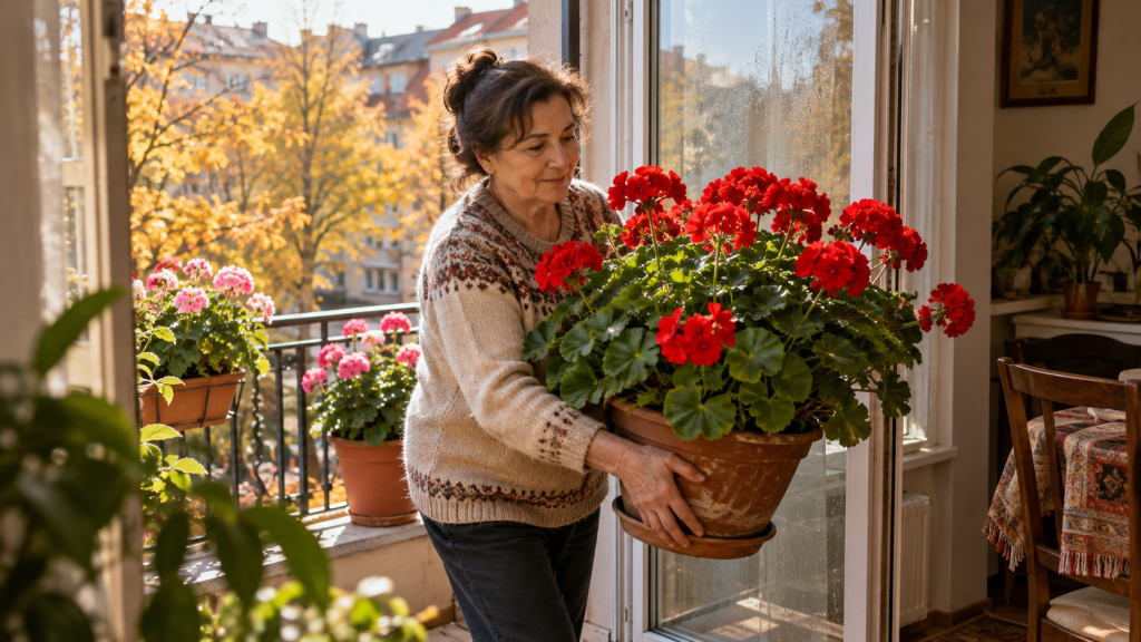 Femeie care mută un ghiveci cu mușcate roșii de pe balcon în casă, pentru a proteja florile de frigul din octombrie.