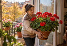 Femeie care mută un ghiveci cu mușcate roșii de pe balcon în casă, pentru a proteja florile de frigul din octombrie.