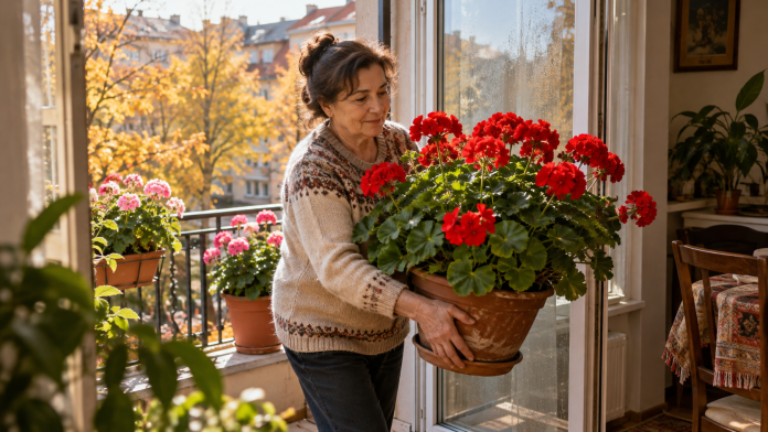 Femeie care mută un ghiveci cu mușcate roșii de pe balcon în casă, pentru a proteja florile de frigul din octombrie.