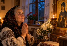Rugăciune de seară către Sfânta Parascheva pentru copii, familie și liniștea sufletului. Cuvintele cu care poți încheia ziua de sărbătoare Icoana Sfintei Cuvioase Parascheva, cu o candelă aprinsă și o femeie în rugăciune, într-o atmosferă liniștită de seară.