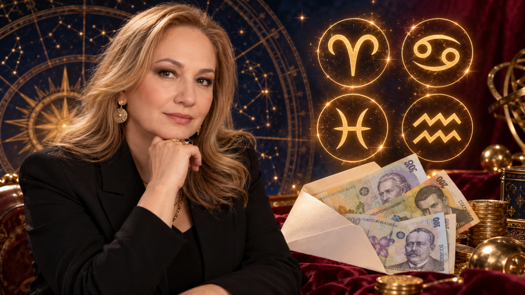 Cristina Demetrescu și simbolurile zodiilor Berbec, Rac, Pești și Vărsător, evidențiate în horoscopul despre bani și schimbări financiare.