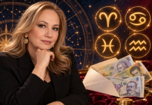 Cristina Demetrescu și simbolurile zodiilor Berbec, Rac, Pești și Vărsător, evidențiate în horoscopul despre bani și schimbări financiare.