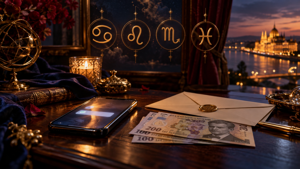 Horoscop pentru 14 octombrie 2026, cu simbolurile zodiilor Rac, Leu, Scorpion și Pești, asociate cu vești și oportunități.