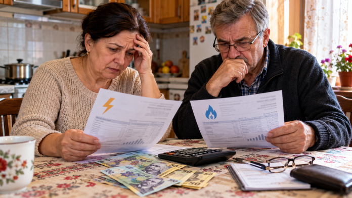 Familie din România verificând facturile la energia electrică și gazele naturale, în contextul noilor ajutoare propuse pentru venituri de până la 3.500 de lei.