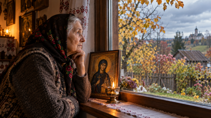 sfanta-parascheva-traditii-vreme-iarna.webp Femeie în vârstă privind vremea de toamnă pe fereastra unei case românești, lângă icoana Sfintei Parascheva, în ziua de 14 octombrie.