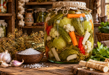 Borcan mare cu murături țărănești la sare, cu castraveți, gogonele, conopidă, morcovi și hrean, într-o cămară românească