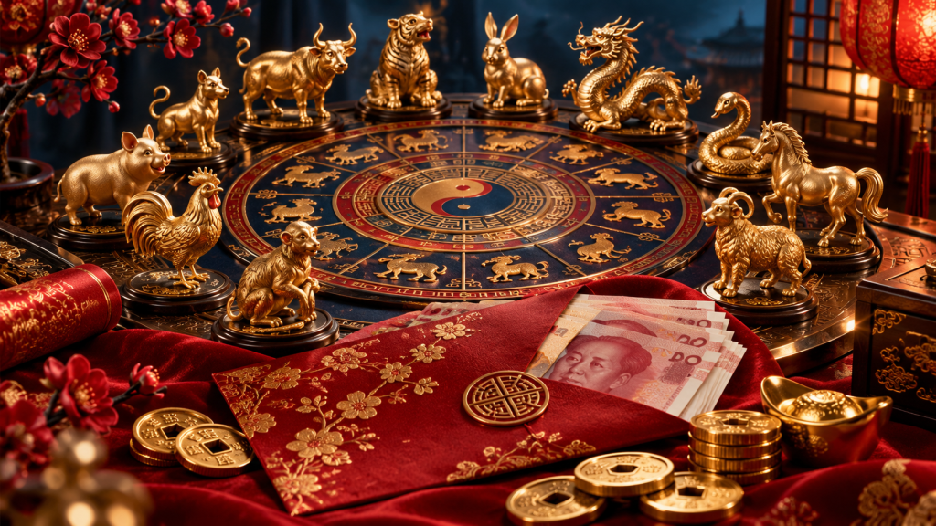 Zodiacul chinezesc prezentat în contextul interpretărilor lui Marian Golea, cu simbolurile animalelor și temele norocului, banilor și iubirii.